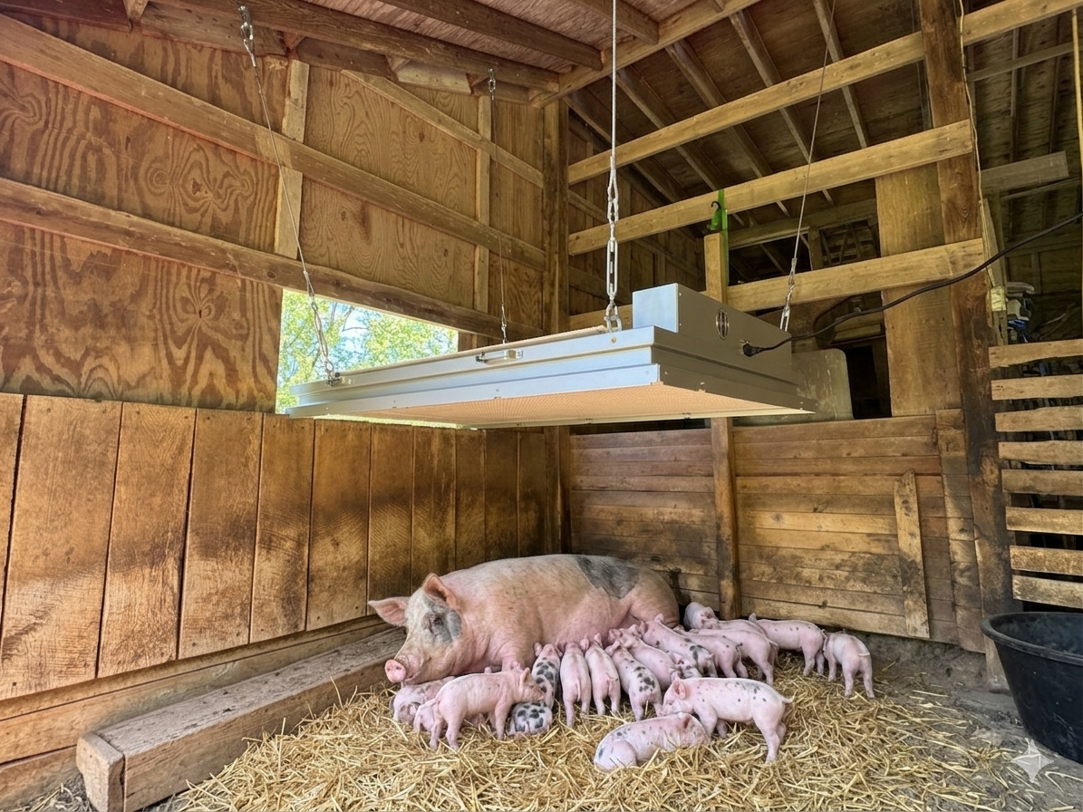 Clearly Cool radiant panel installed over sow and piglets at Double Brook Farm