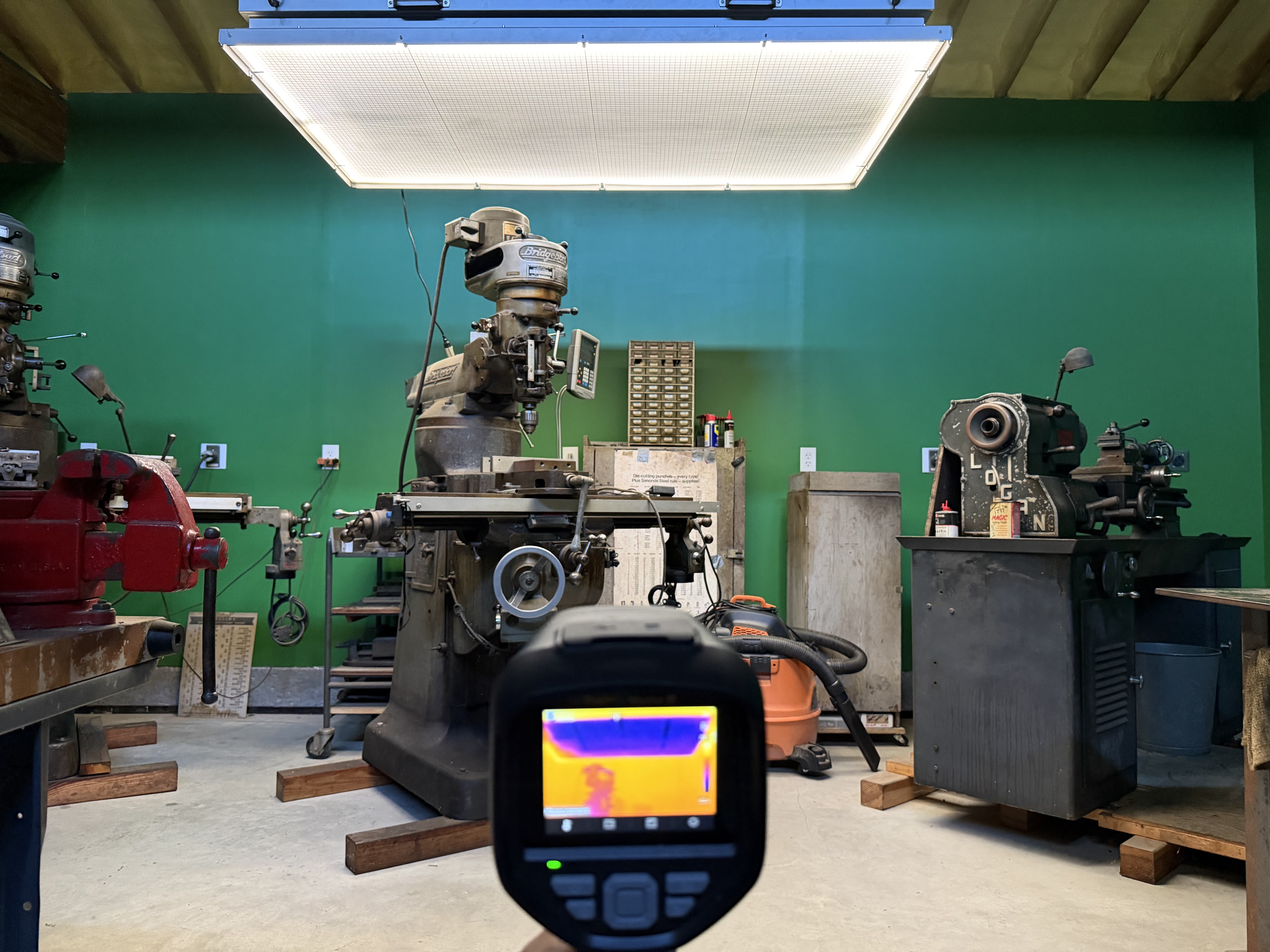 Clearly Cool radiant cooling panel installed above machine tools in a workshop