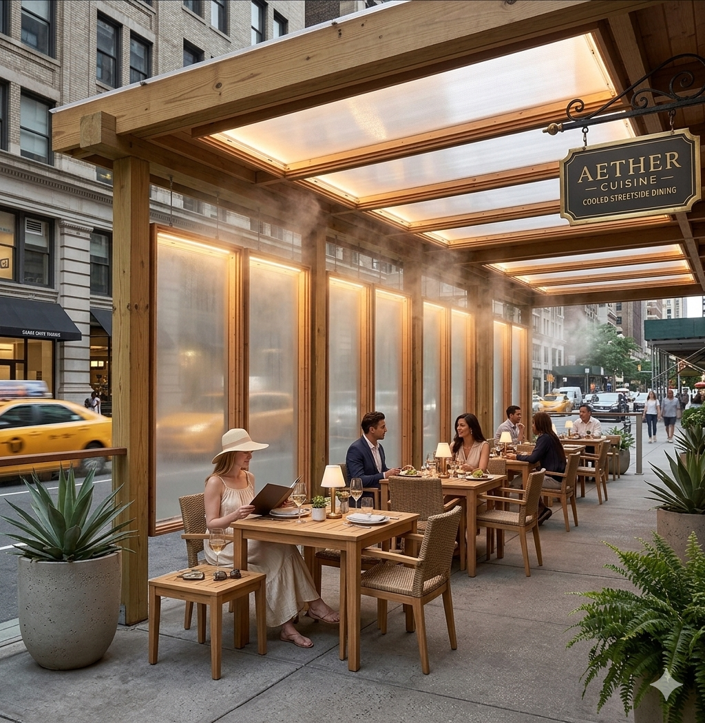 Outdoor dining with Clearly Cool radiant cooling panels