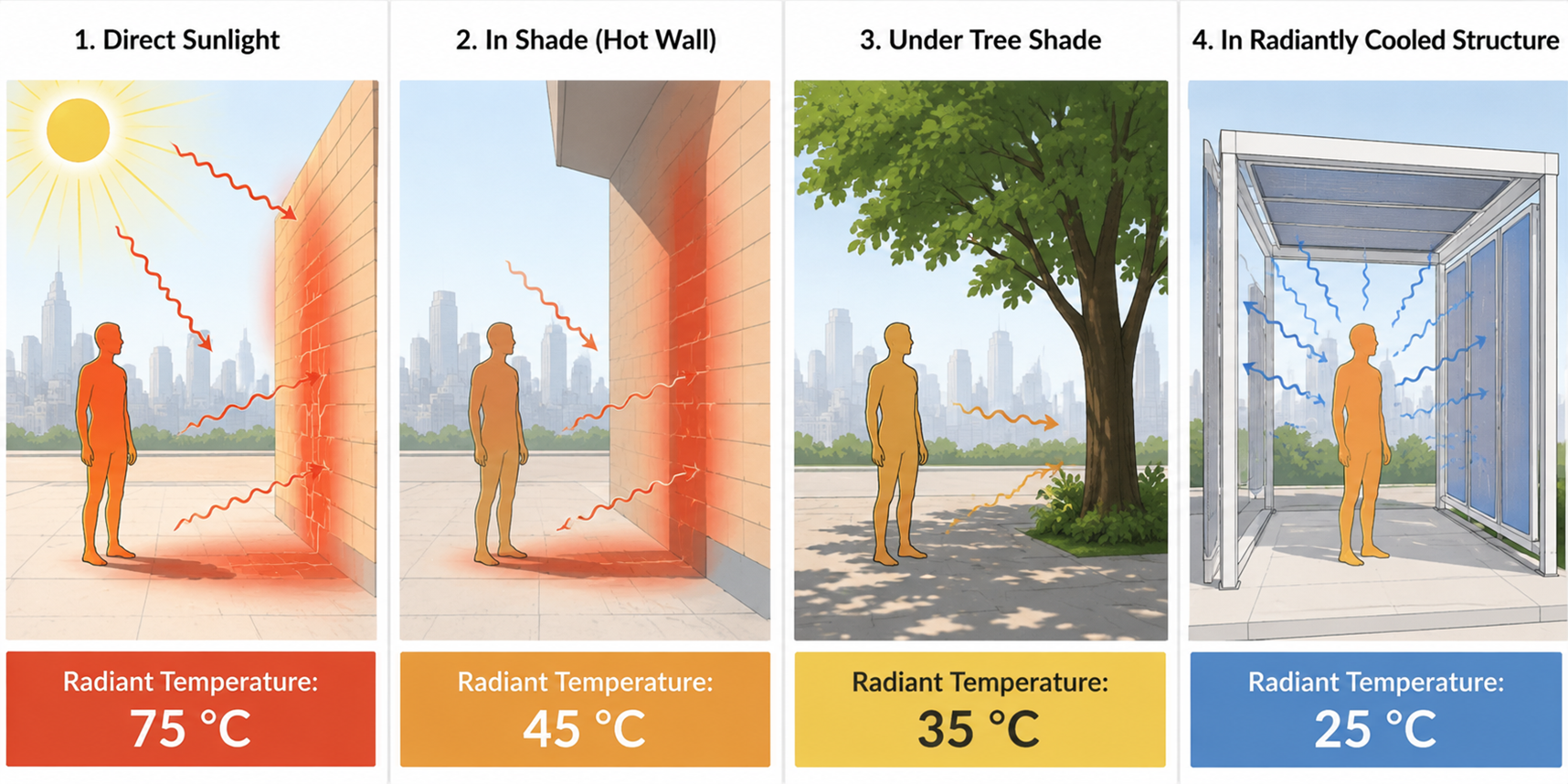 Four scenarios showing radiant temperature: direct sunlight 75°C, shade with hot wall 45°C, tree shade 35°C, radiantly cooled structure 25°C